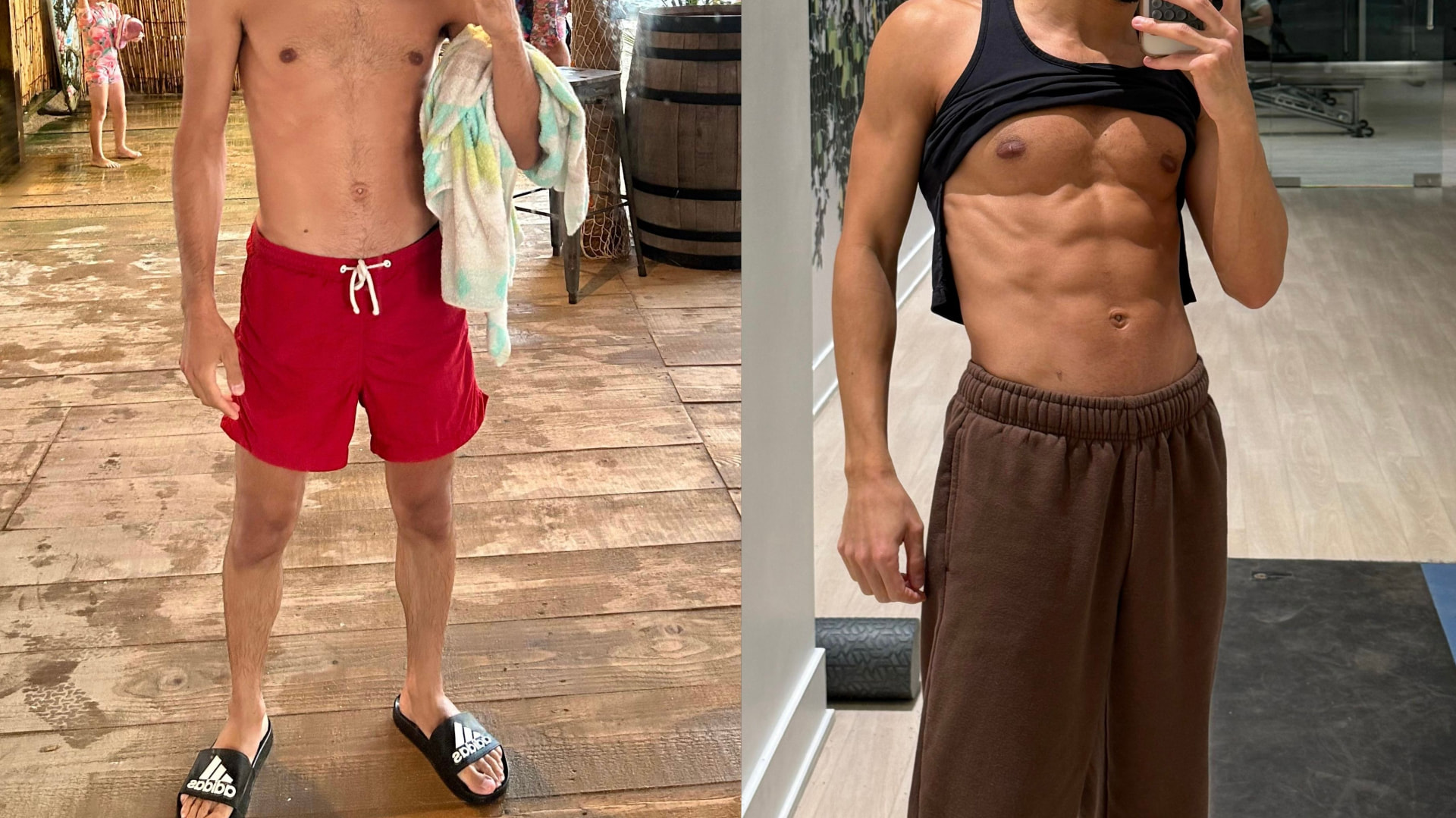 Client before and after photos showing lean muscle gained in the upper body