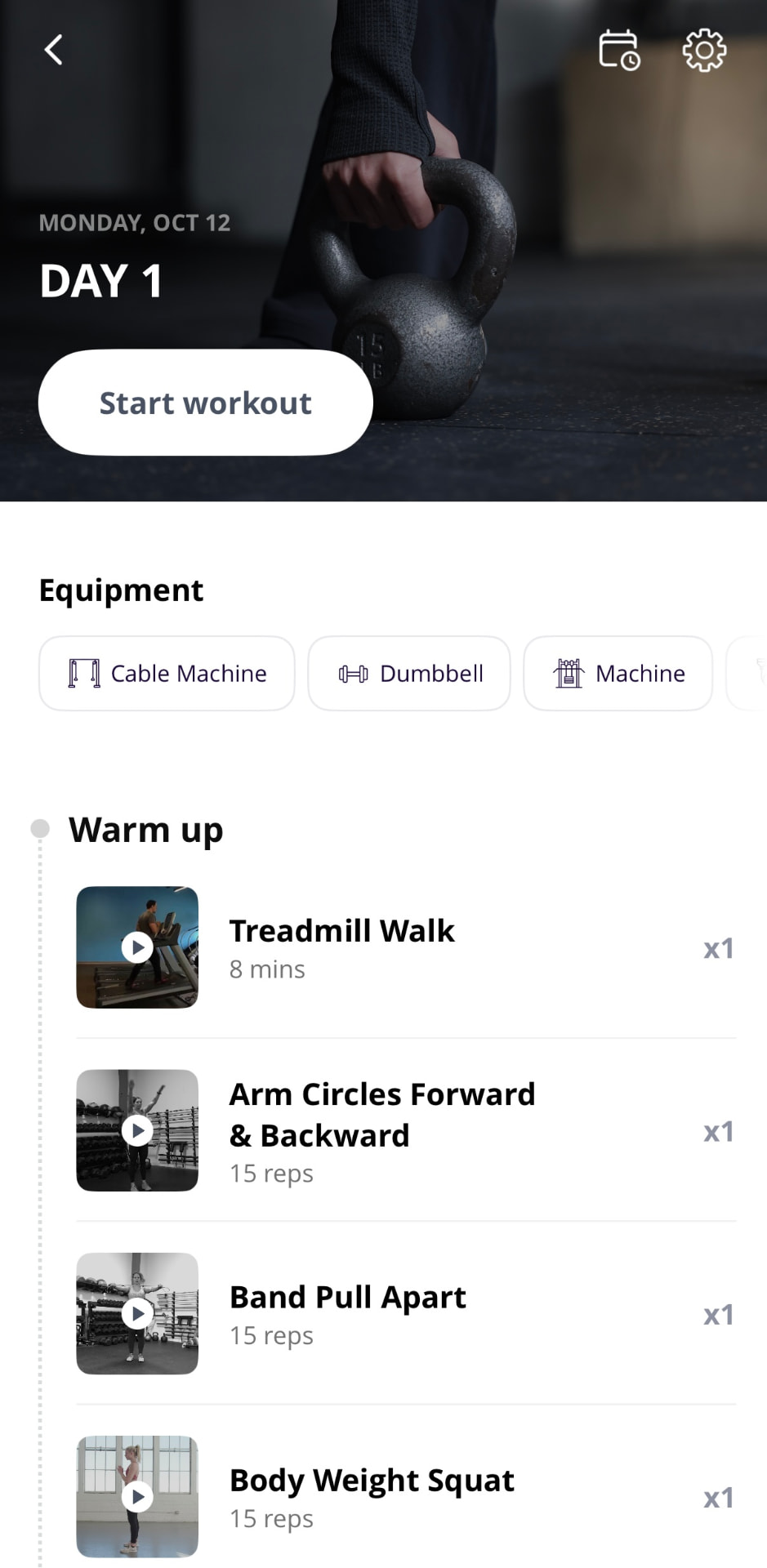 Day 1 workout screen in the training app
