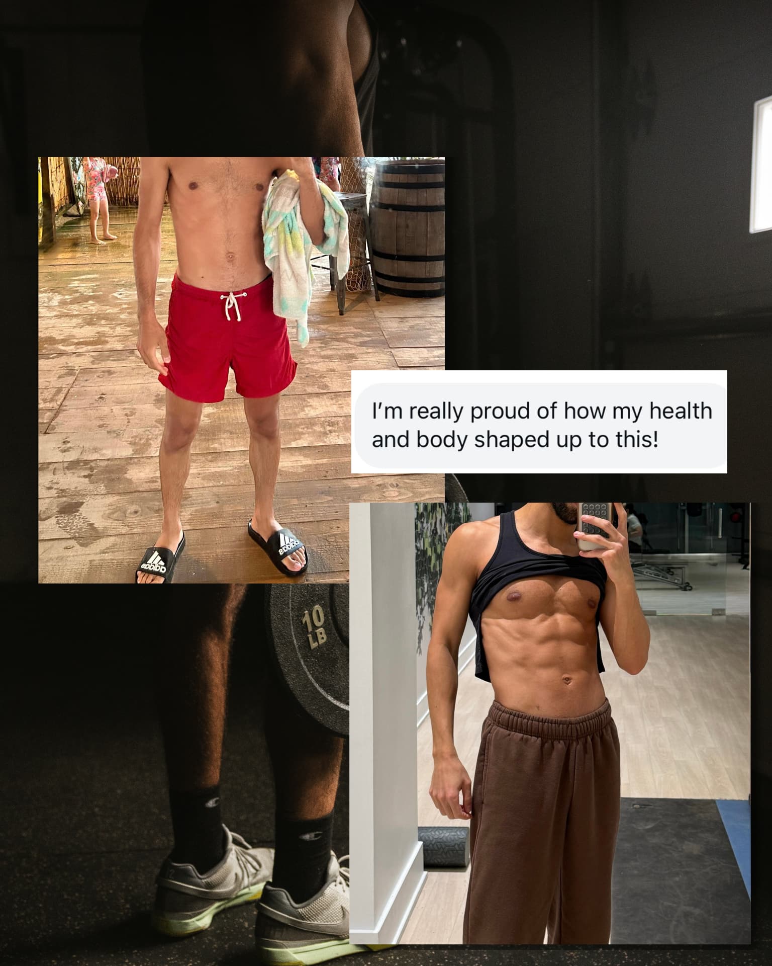 Client progress photos with a message about being proud of their health and body